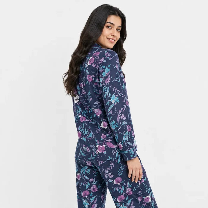 Women's Navy Blue Floral Jersey Cotton Button-Down Night Suit - Hinz Clothing