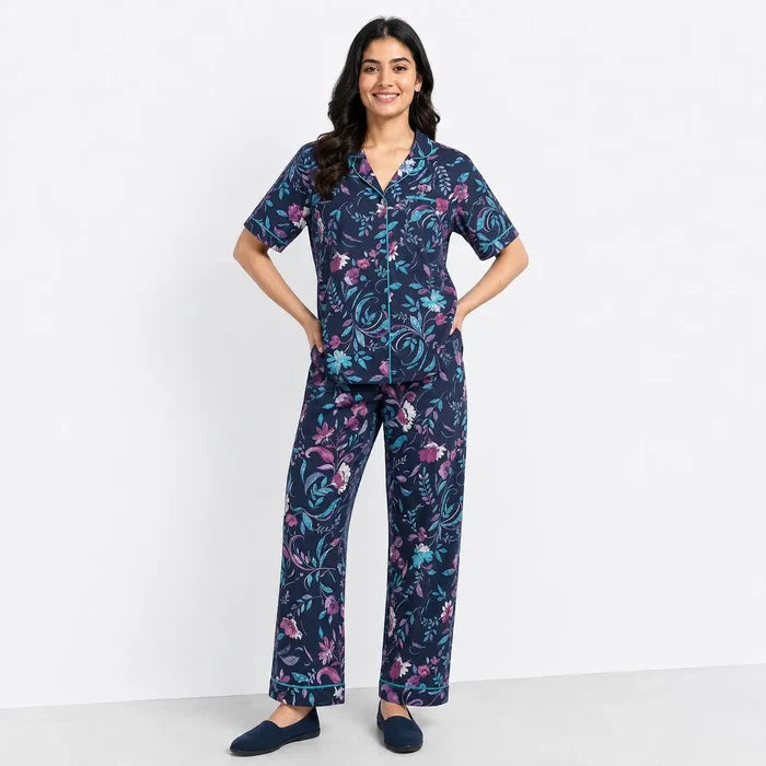 Women's Navy Blue Floral Jersey Cotton Button-Down Night Suit - Hinz Clothing