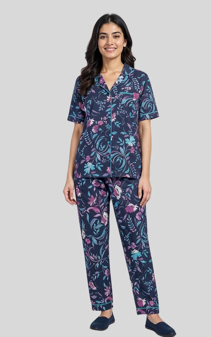 Women’s Navy Floral Button Down Nightwear/Loungewear Set - Hinz Clothing