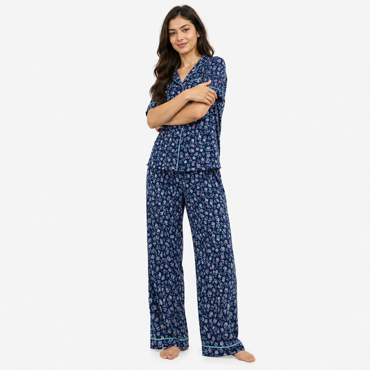 Women's Navy Blue Jersey Cotton Floral Printed Pajama Set