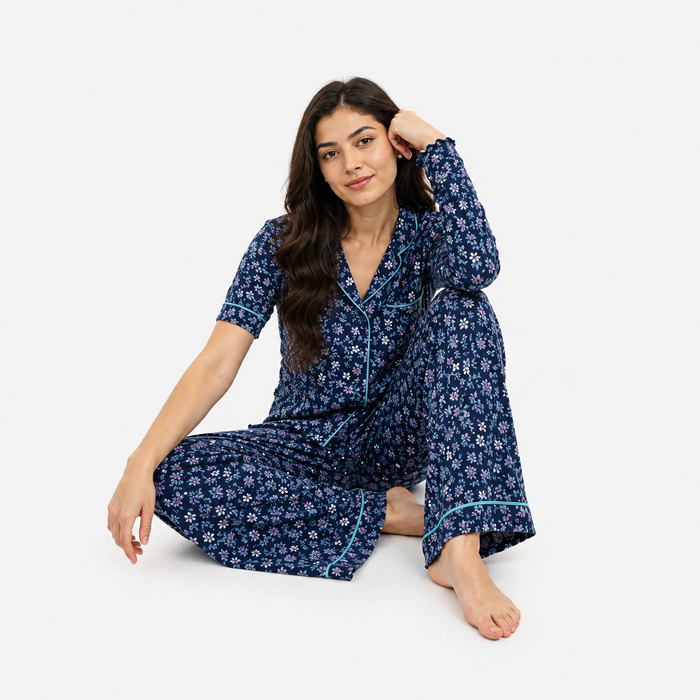 Women's Navy Blue Jersey Cotton Floral Printed Pajama Set