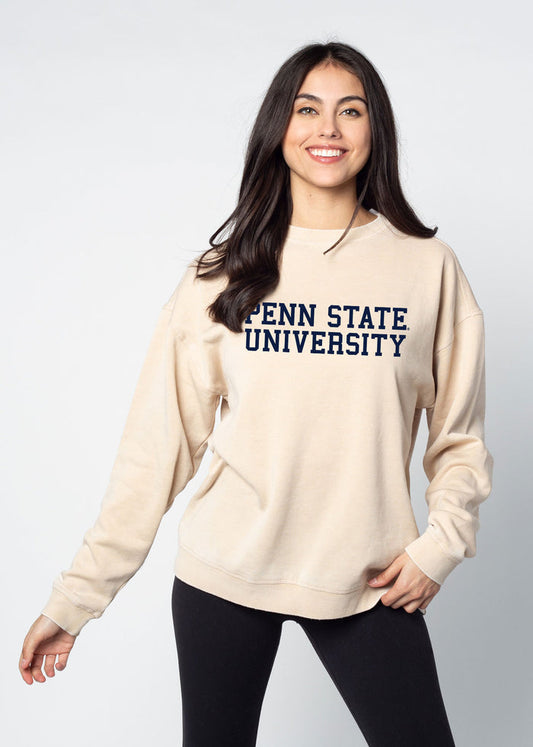 Penn State Nittany Lions Unisex Oatmeal Oversized Burnout fleece Sweatshirt with Ribbed crew neckline, cuffs, hem, dropped shoulders and relaxed bottom hem