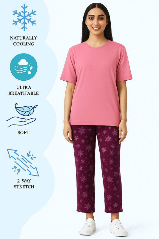 Women’s Pink & Maroon Snowflake Night Suit - Hinz Clothing