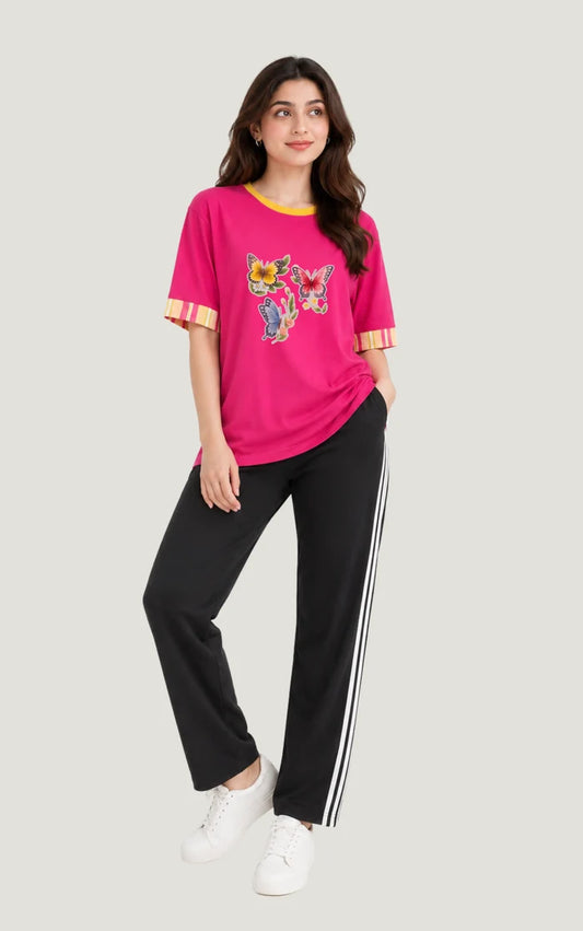 Women's Pink Multi Butterfly Printed Jersey Cotton T-Shirt & Black Trouser Set