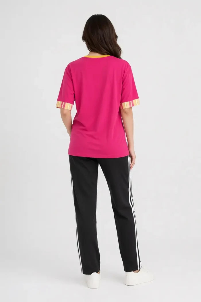 Women's Pink Multi Butterfly Printed Jersey Cotton T-Shirt & Black Trouser Set