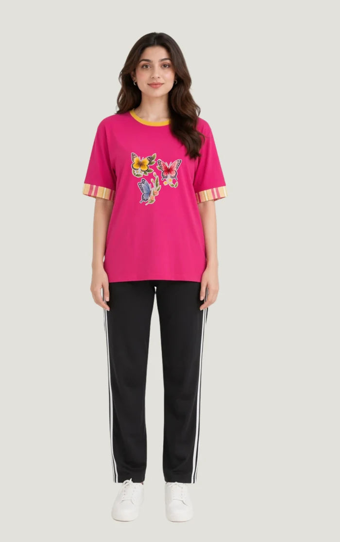 Women's Pink Multi Butterfly Printed Jersey Cotton T-Shirt & Black Trouser Set