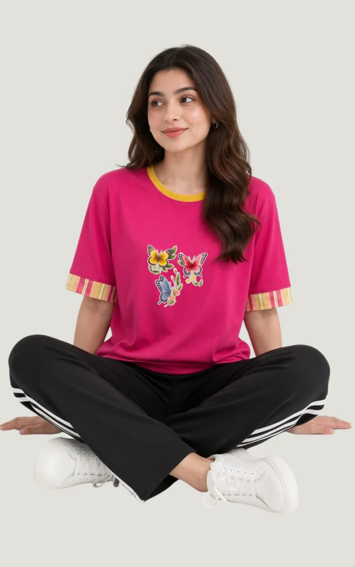 Women's Pink Multi Butterfly Printed Jersey Cotton T-Shirt & Black Trouser Set