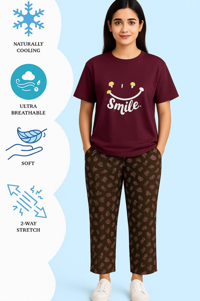 Women's T-Shirt and burgundy printed  trouser SMILE (Stretchable) - Hinz Clothing