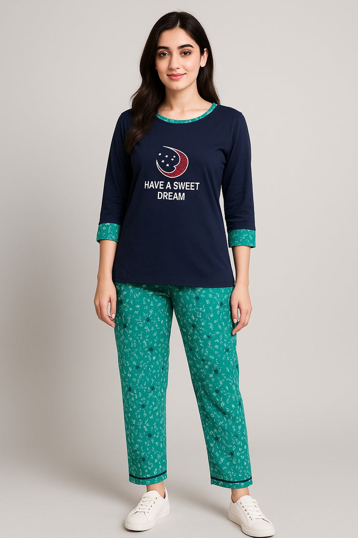 Women's T-Shirt and printed  trouser ( navy shirt & printed trouser ) have a sweet dream - Hinz Clothing