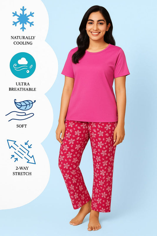Women's T-Shirt and printed  trouser (Red Flower) - Hinz Clothing