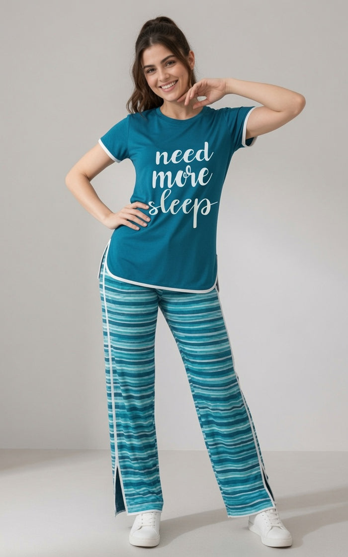 Women's Teal Blue Single Jersey Cotton T-Shirt & Printed Pajama Set