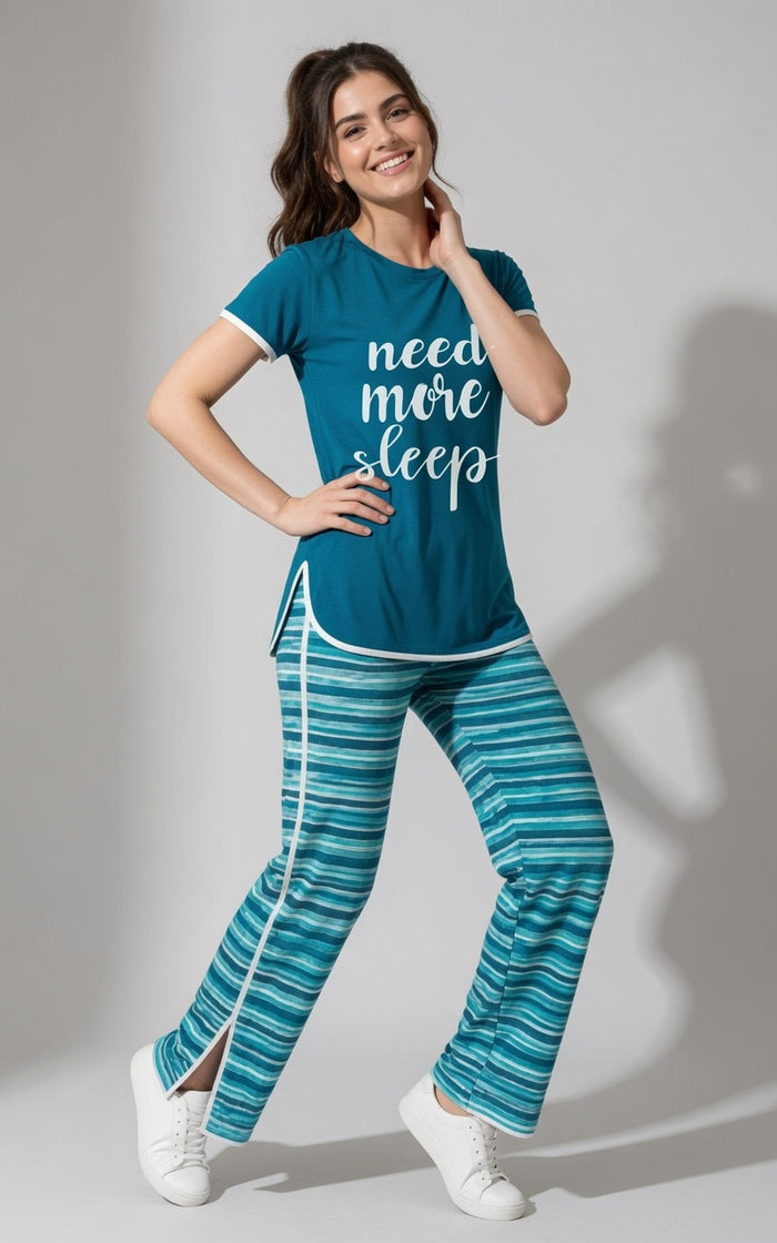 Women's Teal Blue Single Jersey Cotton T-Shirt & Printed Pajama Set