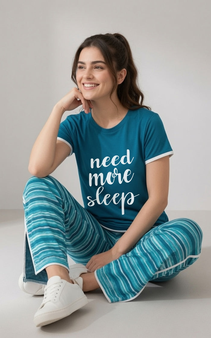 Women's Teal Blue Single Jersey Cotton T-Shirt & Printed Pajama Set