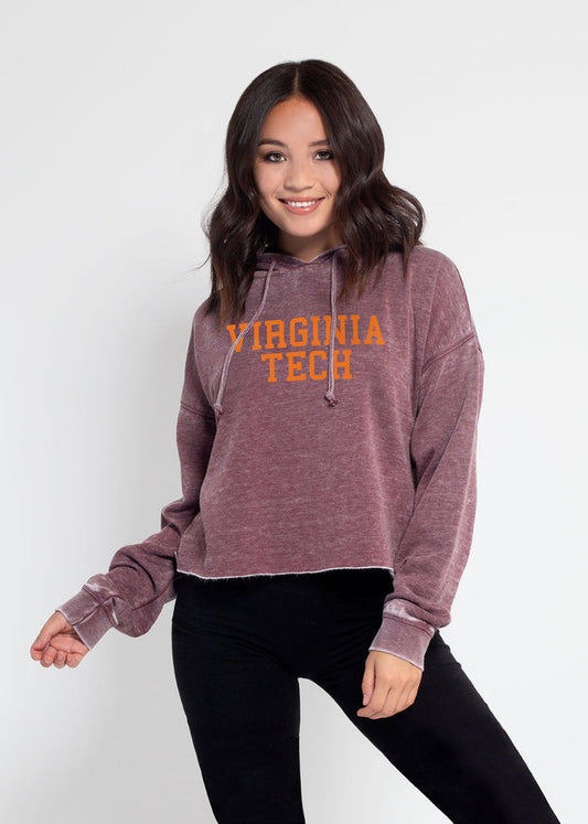 Virginia Tech Hokies Women's Merlot Relaxed, waist-length Burnout fleece Hoodie with Lived-in look, drawstring hood, dropped shoulders and raw edge