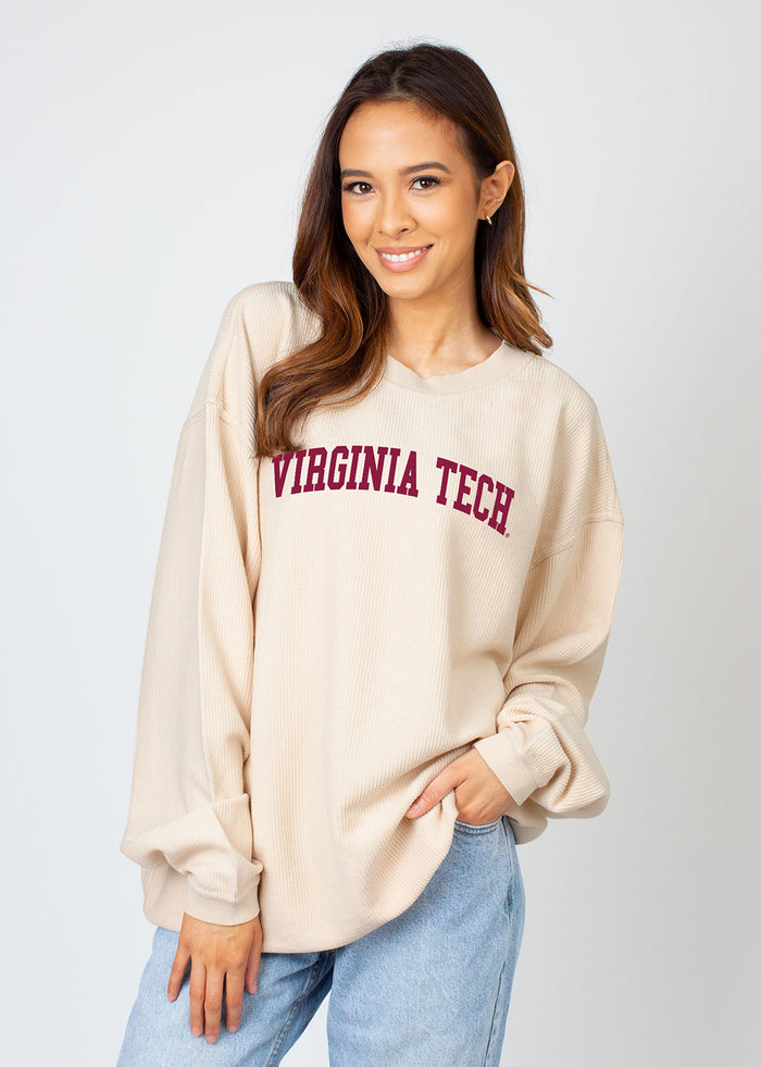 Virginia Tech Hokies Unisex Natural Oversized Premium cotton corded fleece Sweatshirt with Super soft hand feel, vintage wash and ribbed crew neckline, cuffs, and hemline