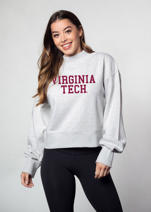 Virginia Tech Hokies Women's Ash-Grey Relaxed, waist-length Heavyweight Fleece Sweatshirt with mock neck, drop shoulders and balloon sleeves