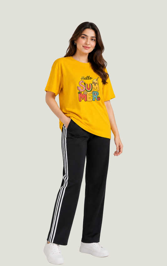 Women's Yellow Hello Summer Printed Jersey Cotton T-Shirt & Black Trouser Set