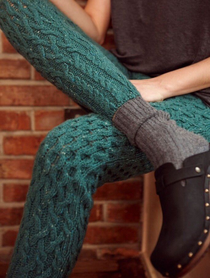 Wool Cashmere Aran Cable Leggings - Garden Green #color_green-garden