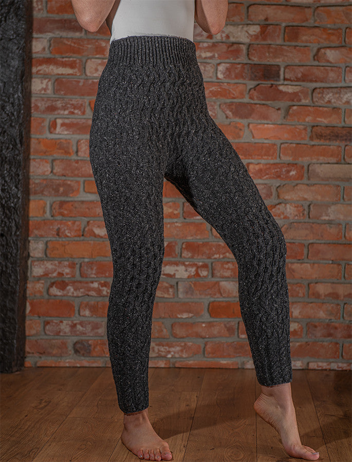 Wool Cashmere Aran Cable Leggings - Charcoal #color_charcoal