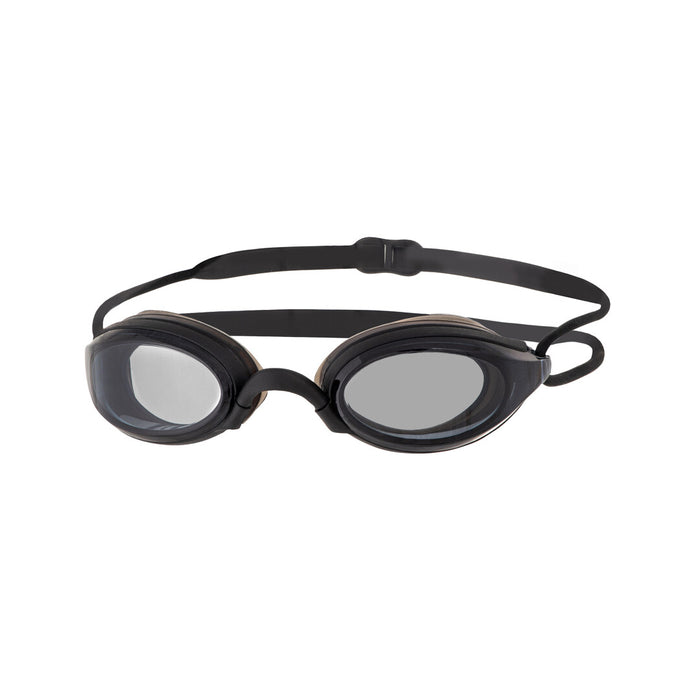 Black Zoggs Fusion Air goggles with adjustable straps and clear lenses, designed for comfortable swimming.