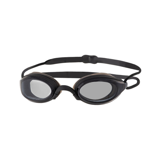 Black Zoggs Fusion Air goggles with adjustable straps and clear lenses, designed for comfortable swimming.