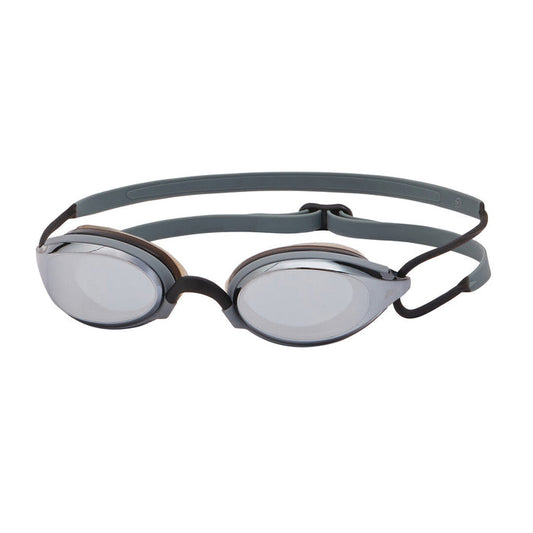 Zoggs Fusion Air Titanium swimming goggles in black, grey, and mirrored smoke lenses with adjustable straps and a sleek design.