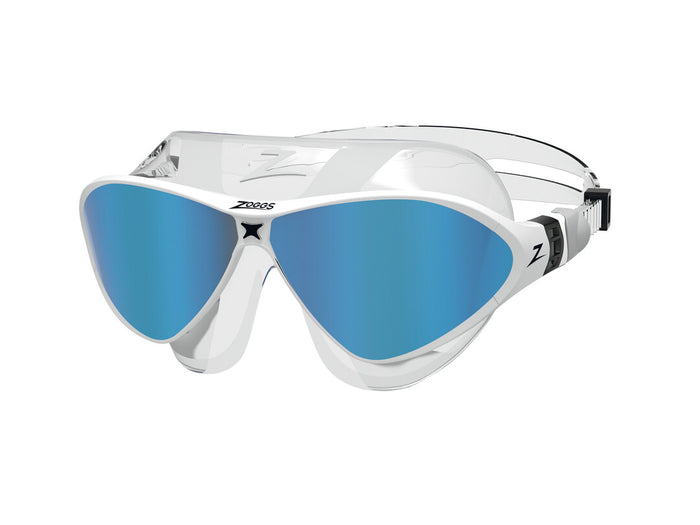 Zoggs Horizon Flex Titanium swimming goggles with clear, white, and mirrored blue lenses, featuring a comfortable fit and adjustable straps.