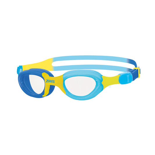 Zoggs Kids Little Super Seal Goggles in blue, yellow, and clear with adjustable straps, designed for young swimmers.