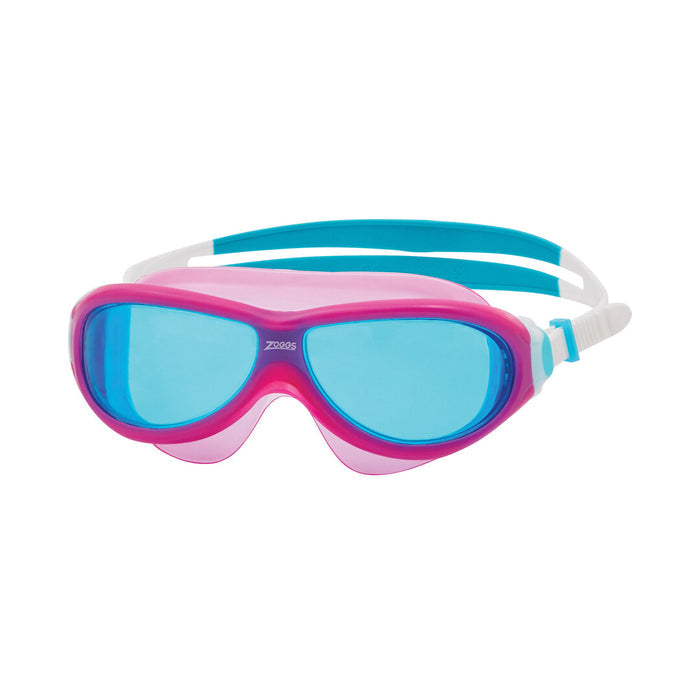 Zoggs Phantom Junior swimming goggles in pink, white, and tinted blue, designed for kids with adjustable straps and clear lenses.