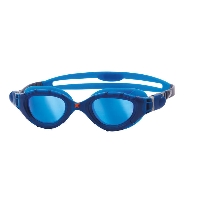 Zoggs Predator Flex Titanium swimming goggles in blue with mirrored lenses, regular fit, designed for comfortable water sports.