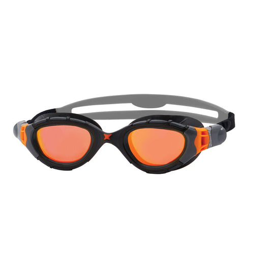Zoggs Predator Flex Titanium swimming goggles with regular fit, grey and black frame, mirrored orange lenses.