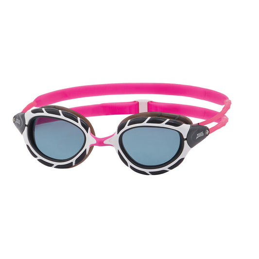 Zoggs Predator Goggle in pink, white, and smoke tint with a regular fit, designed for swimming and water sports.