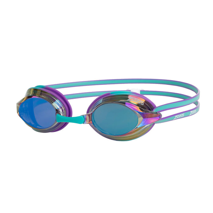 Zoggs Racer Titanium Mirrored Goggles in violet, turquoise, and mirrored blue with adjustable strap and reflective lenses.