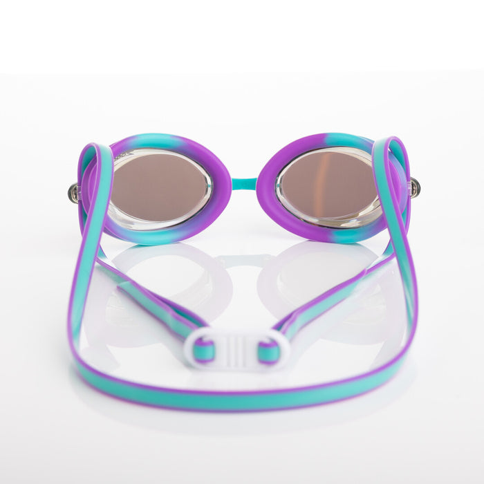 Zoggs Racer Titanium Mirrored Goggles in violet, turquoise, and mirrored blue with adjustable strap, designed for swimming.