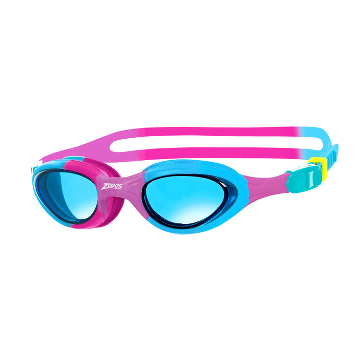 Zoggs Super Seal Junior goggles in pink, blue, with tinted blue lenses, designed for kids' swimming protection and comfort