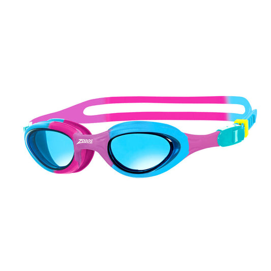 Zoggs Super Seal Junior goggles in pink, blue, with tinted blue lenses, designed for kids' swimming protection and comfort