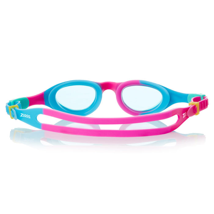 Pink and blue Zoggs Super Seal Junior goggles with tinted lenses, designed for comfortable fit and clear underwater vision.