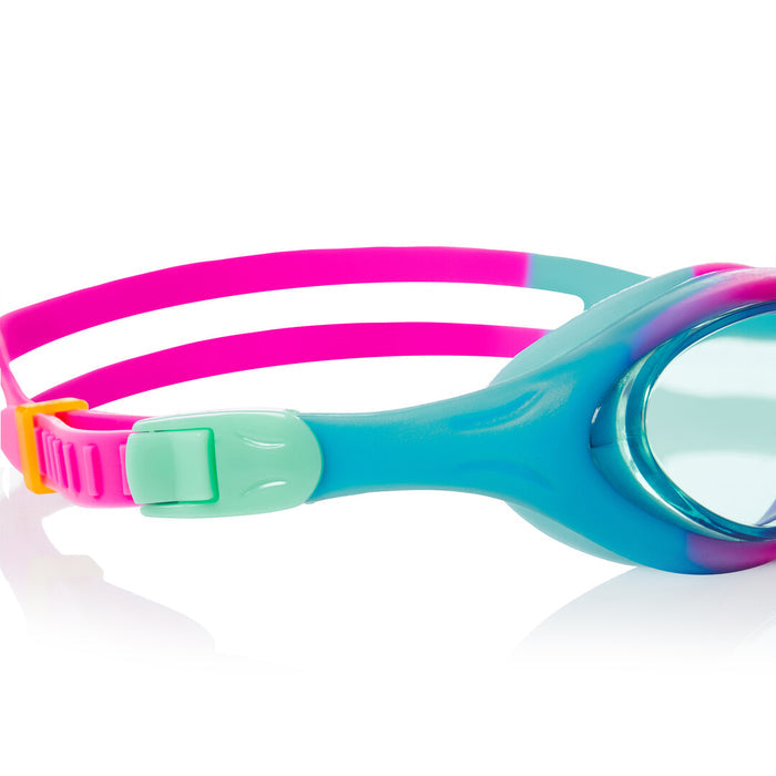 Zoggs Super Seal Junior Goggle in pink, blue, and tinted blue lenses, designed for kids' swimming and water activities.