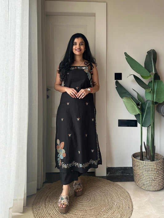 Zuhra Embroidered Pant Set- Black